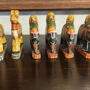 Set of Handcarved Wood Elephant with Rider (5) and Deer (3) Figurines from India